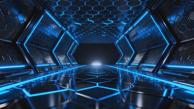 Futuristic hexagonal corridor with blue neon lighting and reflective floor