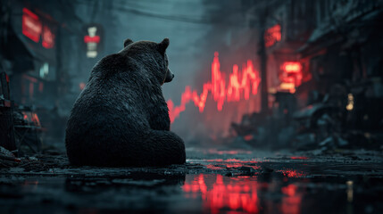 A bear sits solemnly in a desolate, neon-lit urban street, reflecting poignantly on the eerie silence surrounding it.
