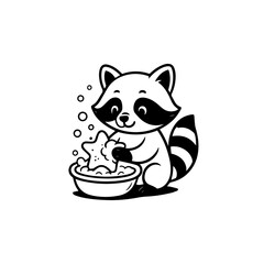 Cute raccoon washing a star instead of food black and white clip art