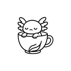 Cute sleepy axolotl floating inside a teacup black and white clip art