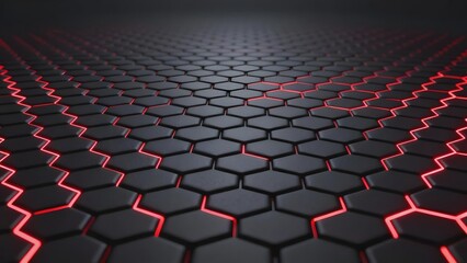 Obraz premium Dark hexagonal grid pattern with red glowing lines forming a futuristic surface