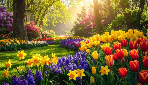 Bunte Tulpen, Narzissen und Hyazinthen im Fr&uuml;hlingsgarten