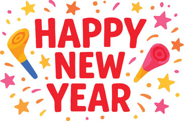 Playful Red Text with Party Horns and Stars