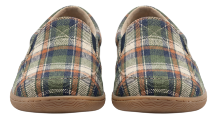 Plaid canvas slip-ons featuring a flexible sole and elastic side inserts.