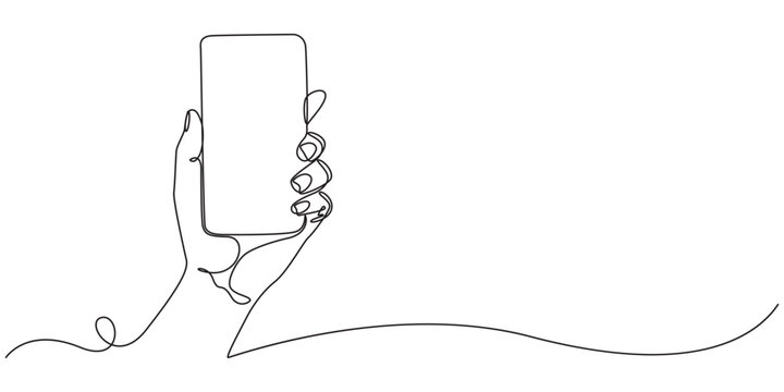 Continuous line drawing of two hands holding a smartphone in a modern minimalistic style.
Simple one line art illustration of a person using a mobile phone representing communication and technology. 