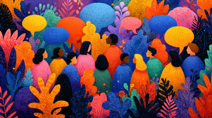 Colorful illustration of diverse people gathering amidst vibrant, fantastical foliage, creating a sense of unity and community in an enchanted forest.