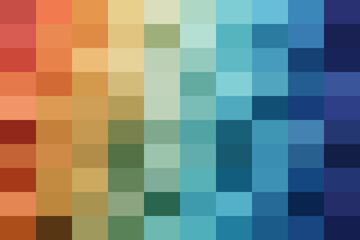 Vibrant pixel gradient abstract background, mosaic pattern showcasing a smooth color transition from warm fiery hues to cool tranquil blues.