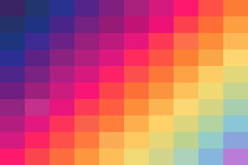Colorful pixel mosaic background featuring a smooth color gradient from vibrant purple through pinks, oranges, yellows, and light blues