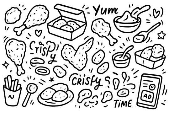 Hand-drawn doodle vector set of fried chicken nuggets and sauces, illustrated in a fun doodle style, isolated on white background
