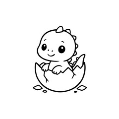 Small dinosaur hatchling sitting inside its broken egg black and white clip art