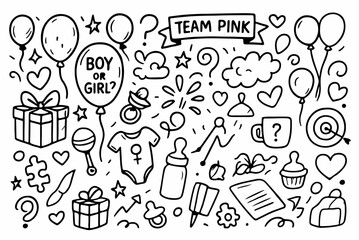 Obraz premium Hand-drawn doodle vector set of gender reveal doodles pink vs blue, created in a fun doodle style, isolated on white background 