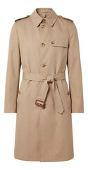 Naklejka premium Single-breasted trench coat featuring a belted waist and storm flap.