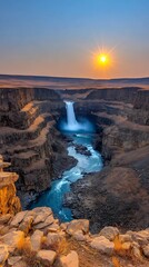 Majestic waterfall cascades down into a canyon as the sun sets over the arid landscape