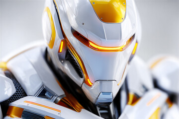 Futuristic humanoid robot in white and gold armor with glowing details. AI and robotics concept, 3D sci-fi character portrait, high-tech innovation and clean copy space.