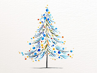 Sapin de no&euml;l stylis&eacute; bleu et or peint &agrave; l&rsquo;aquarelle sur papier blanc textur&eacute; avec d&eacute;cor de boules color&eacute;es, arbre festif raffin&eacute; pour no&euml;l, f&ecirc;tes de fin d&rsquo;ann&eacute;e et atmosph&egrave;re hivernale &eacute;l&eacute;gante