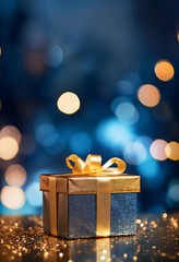Coffret cadeau bleu nuit paillet&eacute; avec ruban dor&eacute; pos&eacute; sur surface scintillante, fond bleu bokeh lumineux &eacute;voquant no&euml;l, r&eacute;veillon et f&ecirc;tes de fin d&rsquo;ann&eacute;e pour visuels festifs et cadeaux de luxe