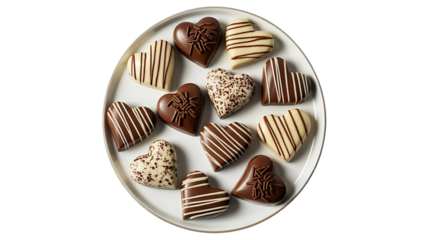 Chocolate Heart Shaped Pralines in Plate Top View image Isolated on a transparent background