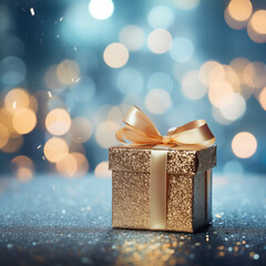Coffret cadeau dor&eacute; avec ruban et n&oelig;ud pos&eacute; sur surface scintillante, fond bleu bokeh lumineux avec espace n&eacute;gatif copyspace pour no&euml;l, f&ecirc;tes de fin d&rsquo;ann&eacute;e, anniversaire et cadeau d&rsquo;entreprise