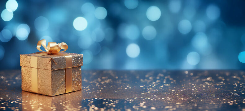 Coffret cadeau dor&eacute; avec ruban et n&oelig;ud pos&eacute; sur surface scintillante, fond bleu bokeh lumineux avec espace n&eacute;gatif copyspace pour no&euml;l, f&ecirc;tes de fin d&rsquo;ann&eacute;e, anniversaire et cadeau d&rsquo;entreprise