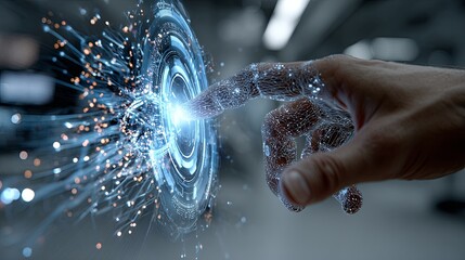 Hand Touching Futuristic Digital Interface with Glowing Elements