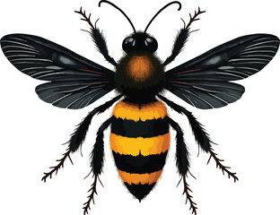 Vector art of a realistic illustration of a bee with detailed wings and stripes, isolated on white background