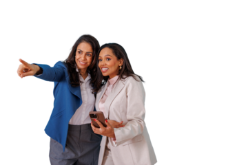 Diverse businesswomen pointing and exploring, colleagues discussing future business opportunities using a smartphone on transparent background