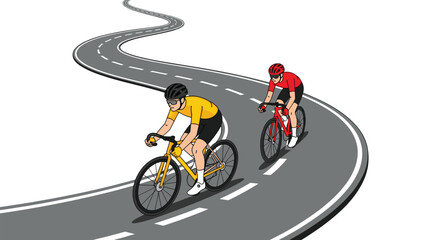 Fototapeta premium Two cyclists are racing along a winding road, demonstrating speed and competition in a dynamic outdoor scene.