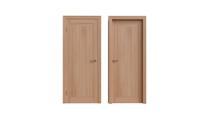 Modern Internal Wood Doors with Silver Handles. Front View of Pair of Oak or Pine Doorways for House Renovation, Room Entrance, and Architectural Projects.