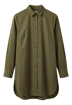 Olive green longline tunic shirt with button placket and curved side splits.