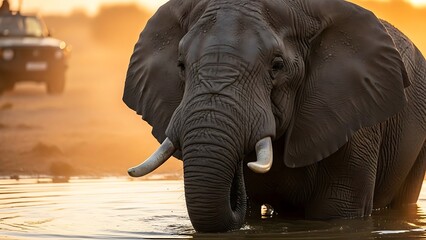 Obraz premium African Elephant Drinking Water from River.