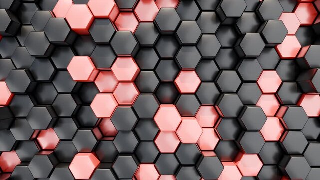 Red and black 3d hexagon pattern motion. Polygon up and down movement background. Elegant top view honeycomb shapes graphic element.