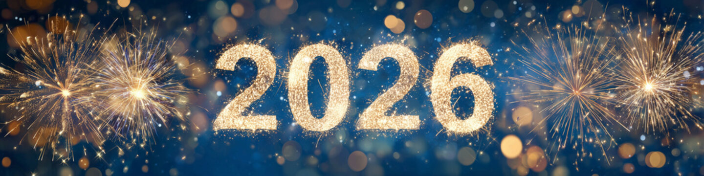 Sparkling 2026 New Year Numbers with Fireworks and Bokeh Lights on Blue Background