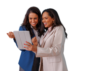 Diverse businesswomen partners collaborating, smiling, discussing strategy, using digital tablet with transparent background