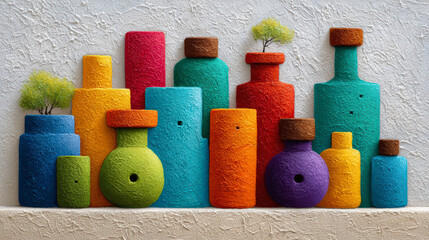 Various colorful, textured bottle-shaped sculptures with small plants on top, displayed against a textured white wall. Vibrant and artistic.