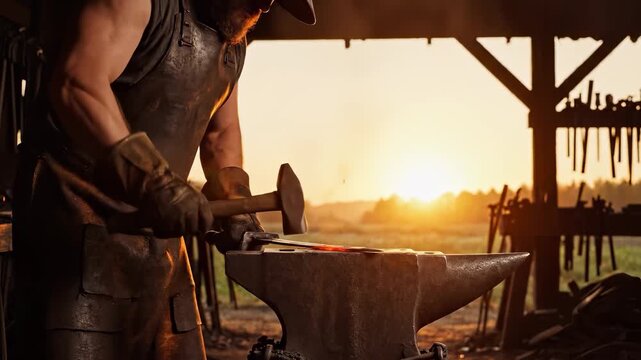 A strong blacksmith hammers molten metal on an anvil as the sun sets behind him, creating a dramatic scene. The fiery glow highlights the dedication of the blacksmith in his craft.