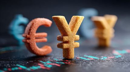 Three-dimensional currency symbols (Euro, Yen, Pound) on a financial chart background, highlighting global economic and foreign exchange concepts.