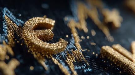 A close-up image of a textured fabric featuring a golden Euro currency symbol (?) embroidered with sparkling, metallic threads.