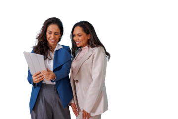 Professional businesswomen team collaborating, discussing project on digital tablet, smiling, transparent background