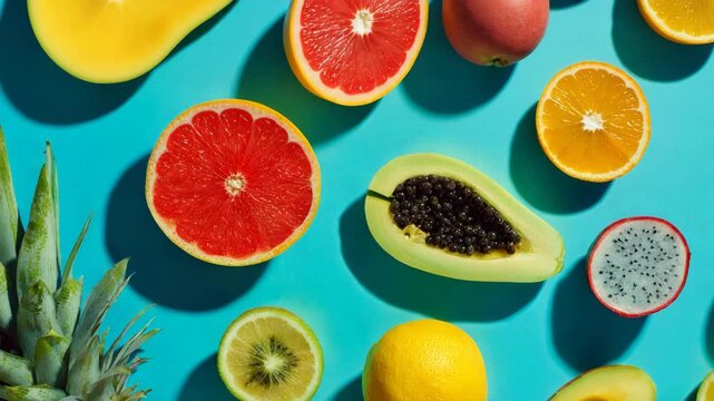Assorted Tropical Fruits on Blue Background with Shadows, Colorful Exotic Fruit Arrangement, Fresh Healthy Food, Summer Fruit Concept, Vibrant Still Life, Decorative Flat Lay