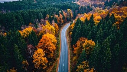 Obraz premium Aerial View of Winding Road Through Vibrant Autumn Forest Landscape.