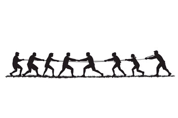 Obraz premium Tug of War Silhouette: A dynamic black silhouette showcases a group of individuals engaged in a competitive game, exemplifying struggle, teamwork, and determination.