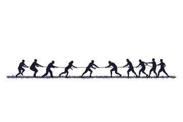 Obraz premium Teamwork in Tug-of-War: A silhouette of determined individuals engaged in a dynamic tug-of-war, symbolizing strength and cooperation in pursuit of a common goal.