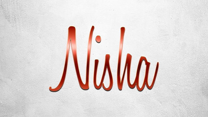Red 3D text effect of Hindi name Nisha on silver background.