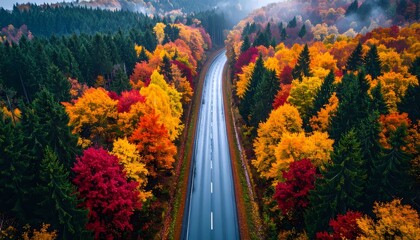 Obraz premium Aerial View of Winding Road Through Vibrant Autumn Forest Landscape.