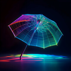 Vibrant Neon Umbrella with Iridescent Glow and Dynamic Light Reflections on Dark Surface
