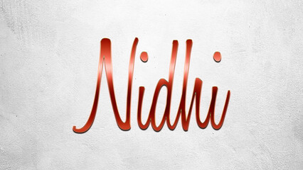 Red 3D text effect of Hindi name Nidhi on silver background.