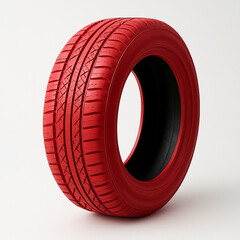 A stack of red plastic pipes and new rubber car tires with black tread patterns are isolated on white for vehicle transport and industrial equipment