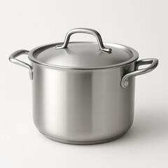 Empty shiny stainless steel pan and pot with lid isolated on white background as professional kitchenware cookware equipment for cooking food