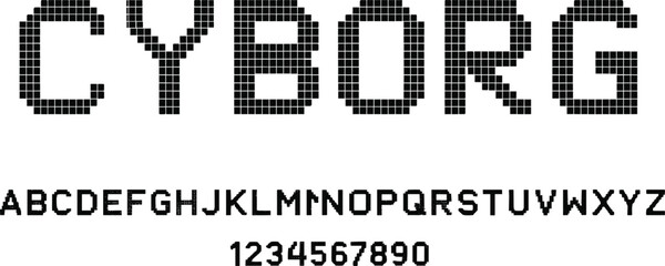 "Pixelated cyborg font design with futuristic square grid letters, digital alphabet and numbers for modern typography artwork" © Vex flow