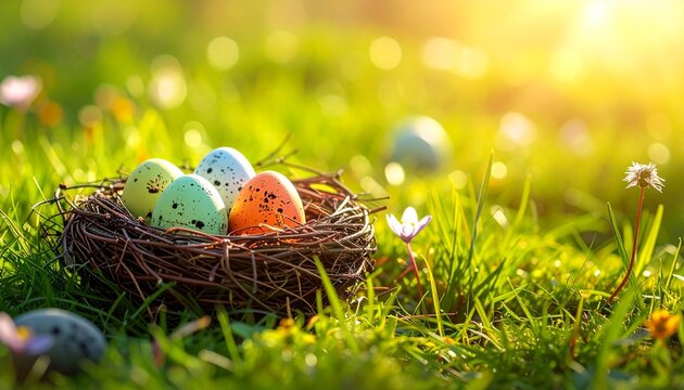 Osternest mit bunten Eiern auf Fr&uuml;hlingswiese